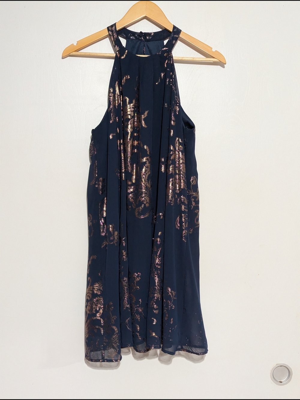 one clothing Navy Blue Halter Mini Dress with Rose Gold Foil